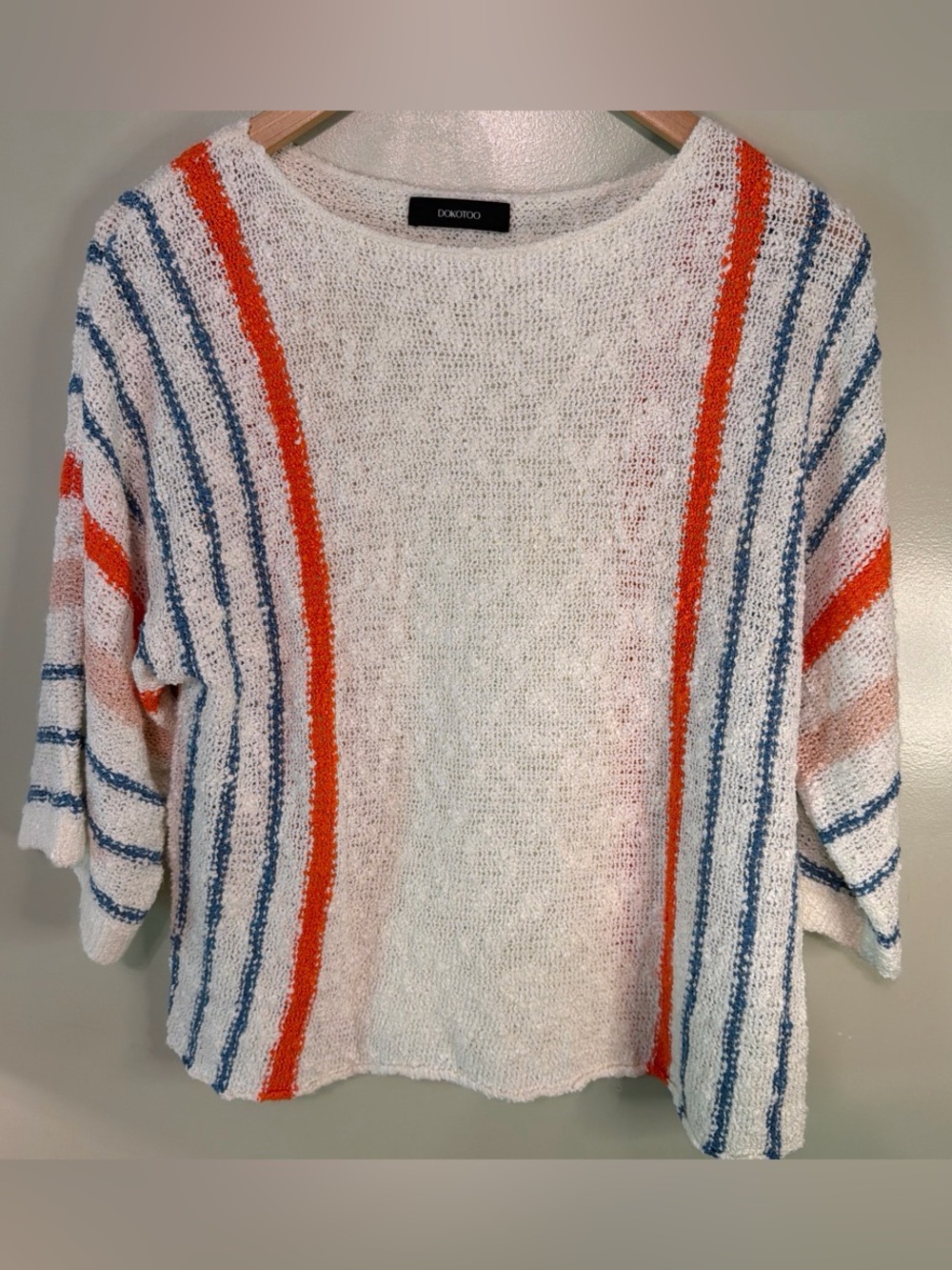 Women’s DOKOTOO Knit Sweater Cream Blue Orange Striped Short Sleeve S